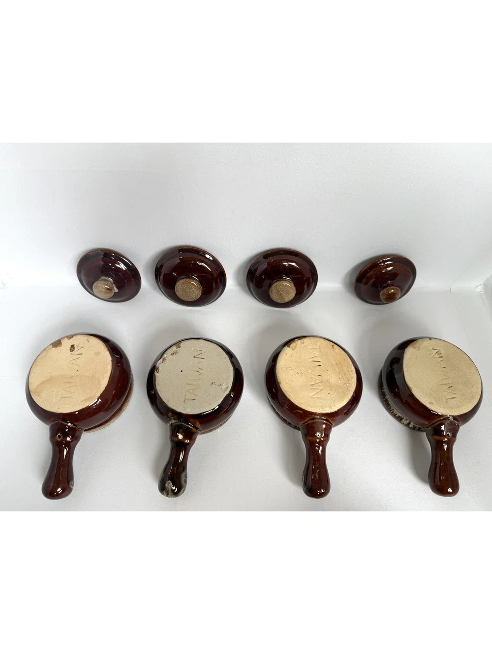Set of 4 Vintage Brown Ceramic Sauce Pans with Lids